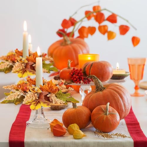 Image of 6 Pcs Fall Floral Candle Rings Wreath Mini Autumn Swags Wreaths with Berries Table Centerpiece Harvest Fall Hanging Wreath for Kitchen Cabinet Pillar Farmhouse Table Front Door Indoor Decorations
