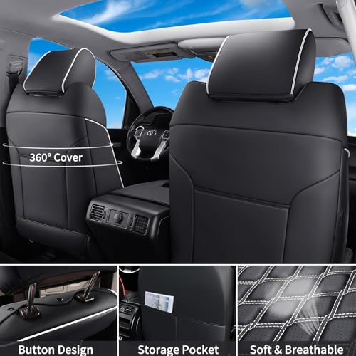 Image of Huidasource Tacoma Front&Back Seat Covers Full Set, Automotive Leather Car Seat Cushion Cover Fit for 2005-2015 Double&Crew Cab 2nd Gen Toyota Tacoma Base SR5 Limited TRD Sport(Full Set /Black&White)