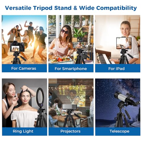 75" Heavy Duty Camera Tripod Stand with Bluetooth Remote - Max Load 15LB, Aluminum Travel Tripod for DSLR/Phone/Tablet/Projector, 3-Way Pan Head & Quick Release Plate, Compact Foldable Design (Blue)