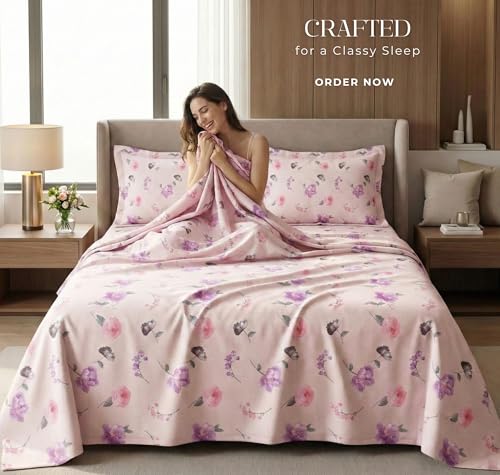 Image of VAS COLLECTIONS Kingston Collection King Size Bedsheet Set 3 Pcs | Soft Luxury Bedsheet with 2 Pillow Covers | Breathable & Shrinkage Resistant | 108x108 Inches (274x274 cm) (Pink, Purple)