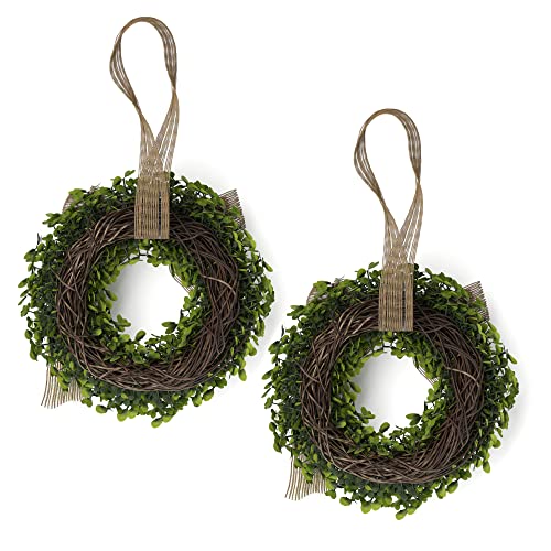 Barnyard Designs Set Of 2 (8") Artificial Boxwood Wreaths With Burlap Ribbon, Decorative Indoor/Outdoor Faux Greenery For Front Door, Wall Or Window, Farmhouse Home Décor #TOP4