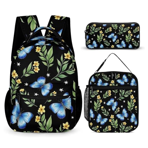 Backpack with Lunch Box & Cosmetic Bag Set Grass Butterfly Bookbag Daypack Set Backpack with Lunch Bag Storage Bags