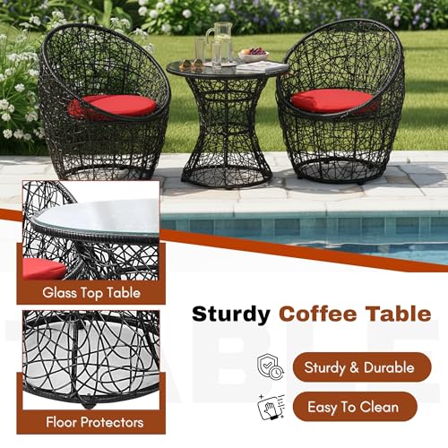 Image of DEVOKO 3-Piece Netted Rattan & Wicker Patio Mudda Chairs and Glass Top Table with All Weather Waterproof Cushion for Garden, Pool, Balcony, Lawn (Black & Red)