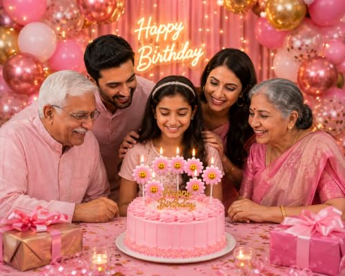Image of Smiley Flower Birthday Candles for Cake Decoration, Pack of 5, Flower Shape Decorative Cake Candles, Natural Wax Party Candles for Birthday, Anniversary, Baby Shower & Celebration (Pink)