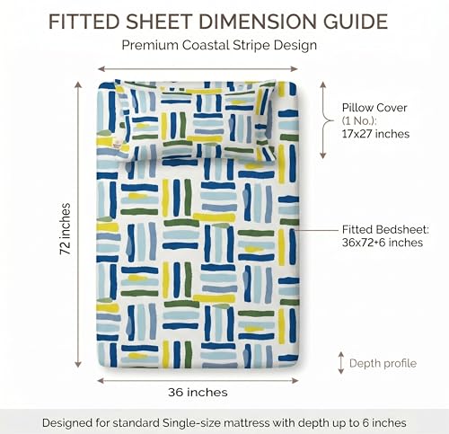 Image of BSB HOME 220 TC Cotton Fitted Single Bedsheet with 1 Pillow Cover, Soft Breathable, Elastic Fit, Fade Resistant, Easy Care - 36 x 72 + 6 Inches (Ocean Breeze Multi)