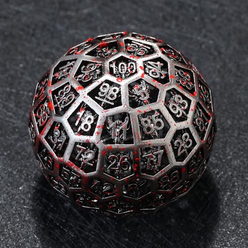 WizardsArcanum Enchanted Hollow Metal D100 Dice - 50mm DND Dice for d&d RPG & Tabletop Games for Gamers Dm with a Leather Bag (Blood)