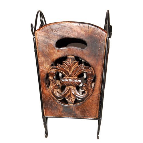 Image of Wooden & Wrought Iron Magazine Stand for Table | Hand-Carved Newspaper & Book Holder | Decorative Organizer for Home & Office | Black Finish (41 x 38 x 20 cm)