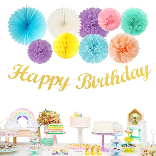 Image of Pastel-Rainbow Colorful Birthday Party-Decorations Paper-Flowers - 14pcs Happy Banner Carnival Theme Lanterns Tissue Pom Poms,Macaron Streamers Garland Fans Honeycomb Hanging Supplies Decor Hugfond