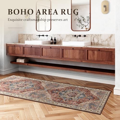 Deerly Vintage Runner Rug 2x6 Hallway Runners Boho Non-Slip Entryway Throw Rug Faux Wool Non-Slip Washable Low-Pile Floor Carpet for Indoor Front Entrance Kitchen Bathroom, Brickred/Multi