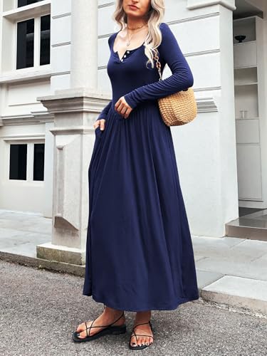 Image of Mieazom Long Sleeves Maxi Dress for Women A Line 2025 V Neck Casual Button Boho Tshirt Long Dress with Pockets