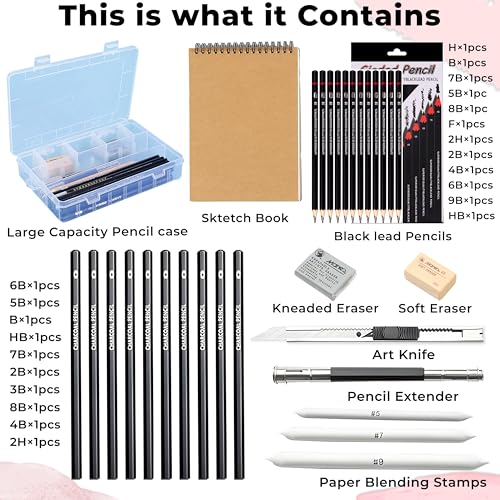 Image of Sketch Pencil Set, Drawing Pencil Set and Shading Pencils Set for Artists, Perfect Sketching Kit of Charcol Pencils and Shading Art with Carry Box and A5 Sketch Book (31 Pcs)