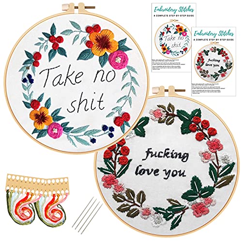 Nuberlic 2 Pack Embroidery Kits for Beginners, Cross Stitch Starter Kit Adults Include 2 Embroidery Cloth with Pattern, 2 Embroidery Hoops, Color Thread and Needles
