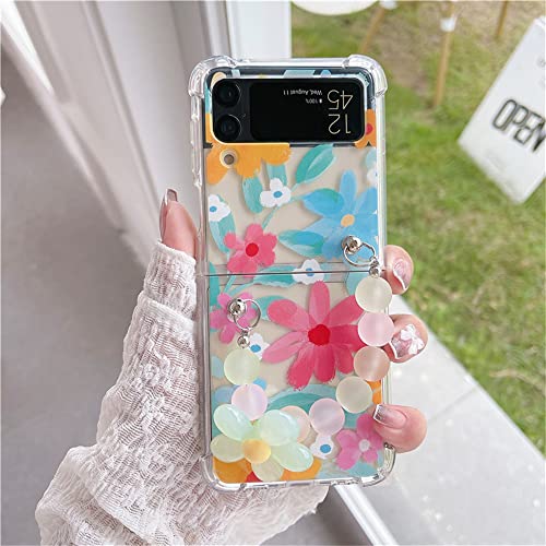 Colorful Floral Phone Case Compatible With Samsung Galaxy Z Flip 4 5G Cover Cute Bead Wrist Strap Bracelet Acrylic Shockproof Hard Cases For Z Flip 4 - Clear #TOP1