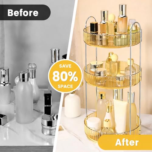 Image of JD FRESH 360 Degree Rotating Makeup Organizer 3 Layer Cosmetic Storage Box Vanity Stand with Drawers for Lipsticks Skincare Perfume Bathroom Countertop Dressing Table Organizer (Light Gold)