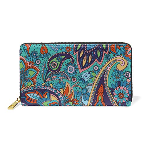 Preisvergleich Produktbild GIGIJY Geldbörse, Ethno-Stil, Paisleymuster, mehrere Kreditkartenfächer, Tasche für Frauen, echtes Leder, mit Reißverschluss