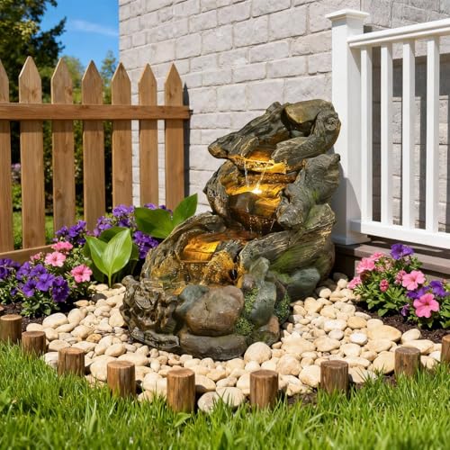 Image of Sunlinua 37 inch L Outdoor Water Fountain with 3 Tiers Cascading Realistic Tree Trunk Waterfall Fountains with LED Lights Outdoor Water Fountain for Garden Patio Backyard Porch Home Decor