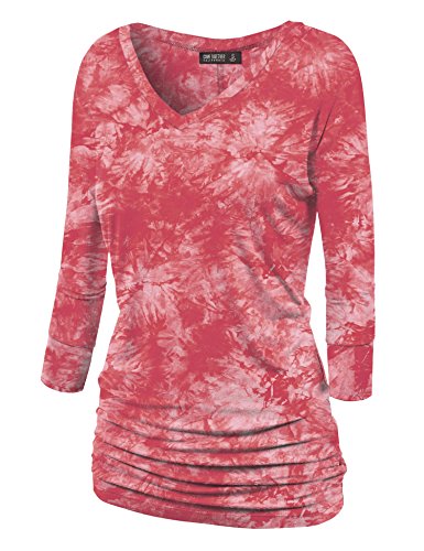Lock and Love WT1112 Womens V Neck 3/4 Sleeve Tie Dye Drape Dolman Top with Side Shirring XXL CORAL