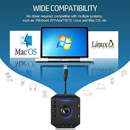 Externe Soundkarte, PHOINIKAS T10 USB Audio Adapter für PC Windows, Mac, Linux, Laptops, Desktops, Stereo Soundkarte mit 3,5mm Schnittstelle & USB Schnittstelle, Plug & Play (6-in-1, Schwarz) – Bild 4