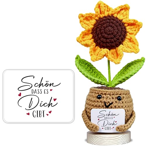 VELENTI Handgemachte gehäkelte Sonnenblume mit Karte „Schön, DASS es Dich gibt“ | Geschenk für Freund:innen, Kolleg:innen & Liebe Menschen | Dankeschön- & Aufmerksamkeits-Geschenk