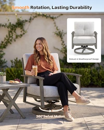 Image of Swivel Patio Sofa Chairs Set of 2, Never Rusts All-Aluminum Outdoor Swivel Armchairs with Thick Cushions, Modern Outdoor Sofa Armchairs Swivel Patio Chair for Garden, Poolside, Lawn, Limed Oak