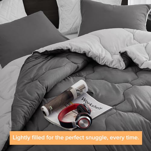 Image of Comfort Spaces Comforter Set Vibrant Reversible Comforters Queen Size Quilted Bedding Set, All Season Lightweight Bedding, Soft Microfiber Comforter, Vixie, Grey /Light Grey Full /Queen 3 Piece