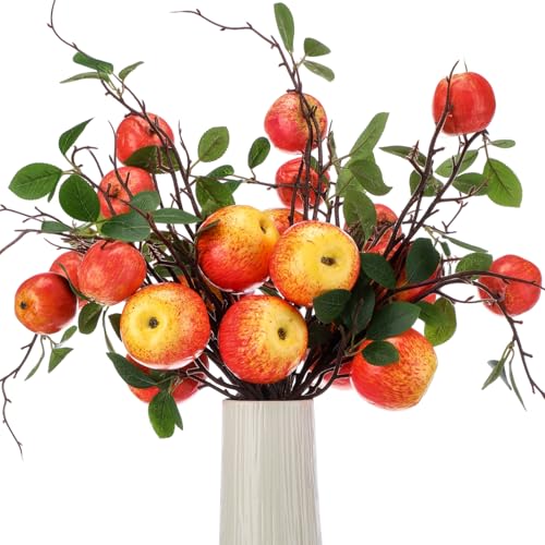 Daifunli 10 Pcs 17.72 Inches Artificial Fake Apple Branches Realistic Tall Apple Bouquets Tree Branch with Long Stem and Green Leaves Fruit Plant for Home Office Vase Filler Shop Decoration