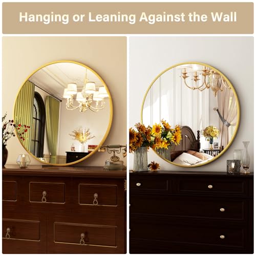 Image of HARRITPURE 24 Inch Round Mirror, Gold Circle Bathroom Mirror, Modern Aluminum Alloy Frame Wall Mounted Vanity Mirror for Living Room, Bedroom, Entryway
