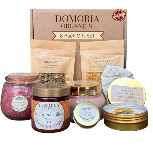 8-Piece Self Care Gift Box with Handmade Tallow Moisturizer, Sugar scrub, Lip Balm, Balth Salts, Salve, Bath Tea Soak, Two Herbal Tea Packs. Relaxation Set Valentine’s Day (Cinnamon Sugar)