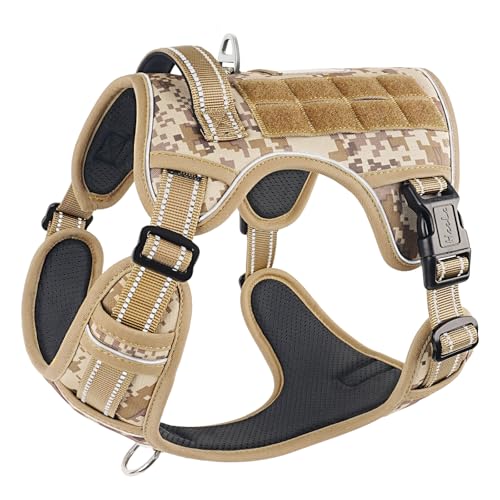 HEELE Hundegeschirr, Metall Taktisches Geschirr, Taktische Hundeweste, Service Hundegeschirr, MOLLE Sicherheitsgeschirr, Brustgeschirre für Hunde, Laufgeschirre für Hunde, Camouflage Braun, M