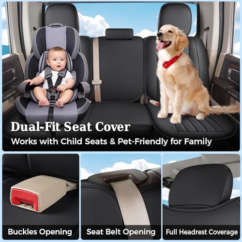 Image of Truckiipa Seat Covers for Dodge Ram 1500 Full Set, Full Coverage Waterproof Leather Protectors Pickup Truck Accessories, Custom Fit for 2002-2026 Ram 1500 2500 3500 Crew Mega Cab, Black