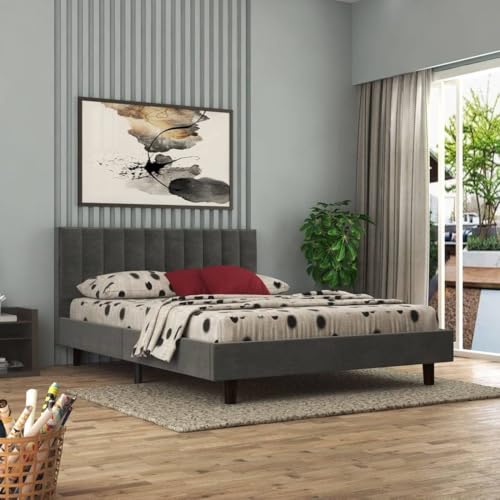 Image of Wooden Modern Upholstered King Size Bed for Bedroom | Wooden Double Bed Without Storage | Platform Cot Upholstered Bed with Upholstery Fabric | Engineered Wood | 6.5 x 6 Ft | Dark Grey-A