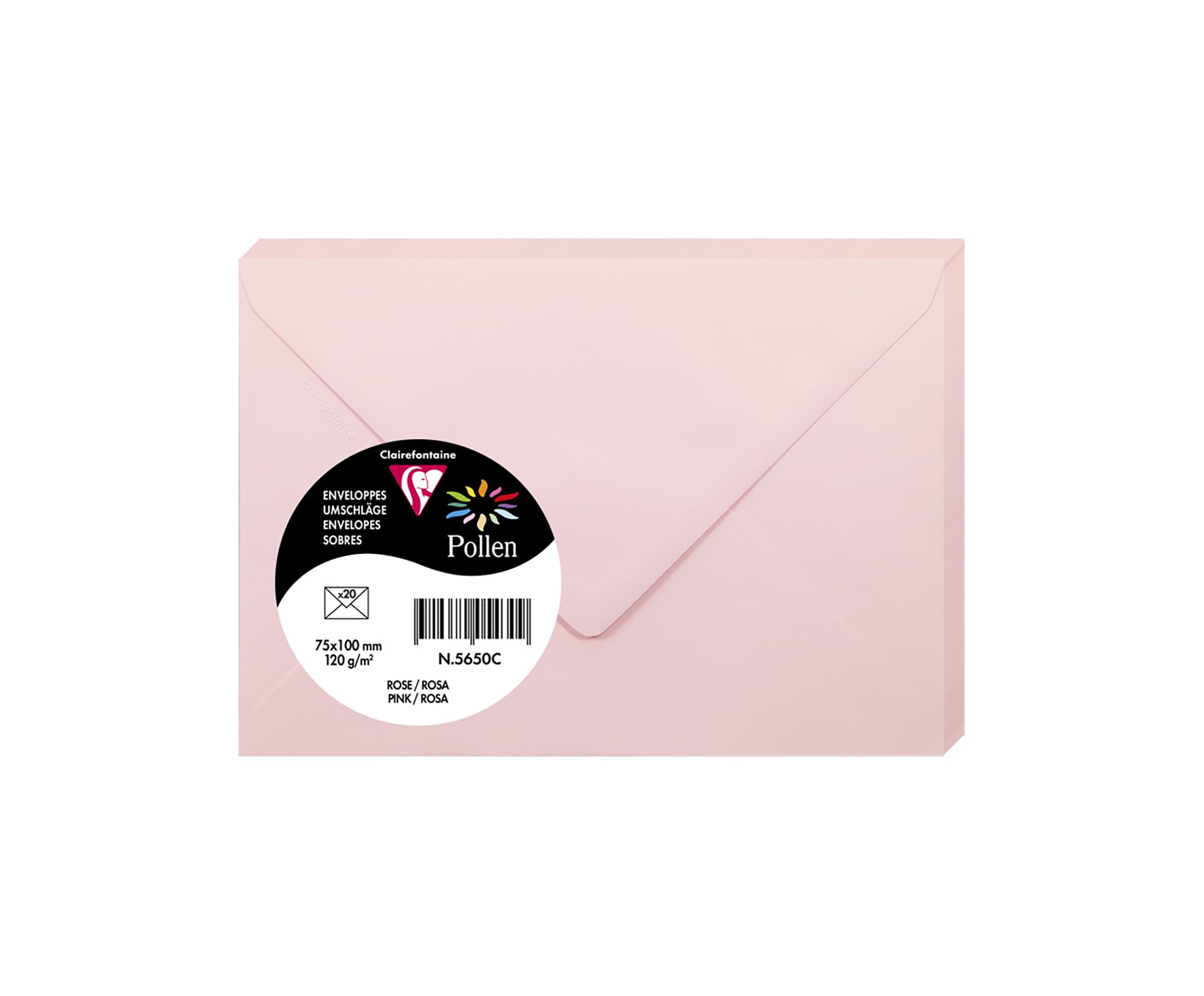 Clairefontaine 5650C Pack of 20 Gummed Envelopes Format 7,5x10cm - 120g/m² - Pink - Invitation Events and Correspondence Range Pollen - Premium Smooth Paper