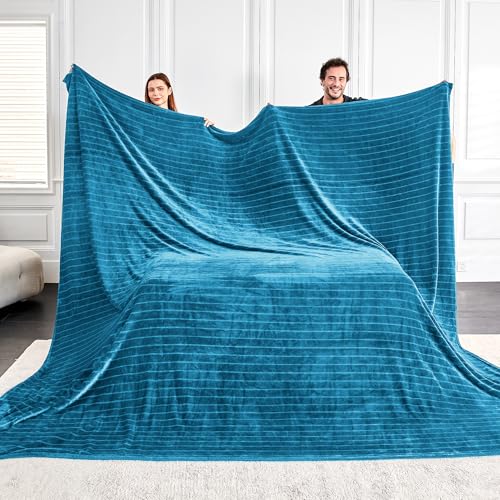 Serenhom Extra Large 120x138 Inch Giant Soft Cozy Fleece Blanket, Huge Oversized Seamless King 3D Jacquard Decorative California King Blanket for Bed, Couch, Travel - Striped Teal