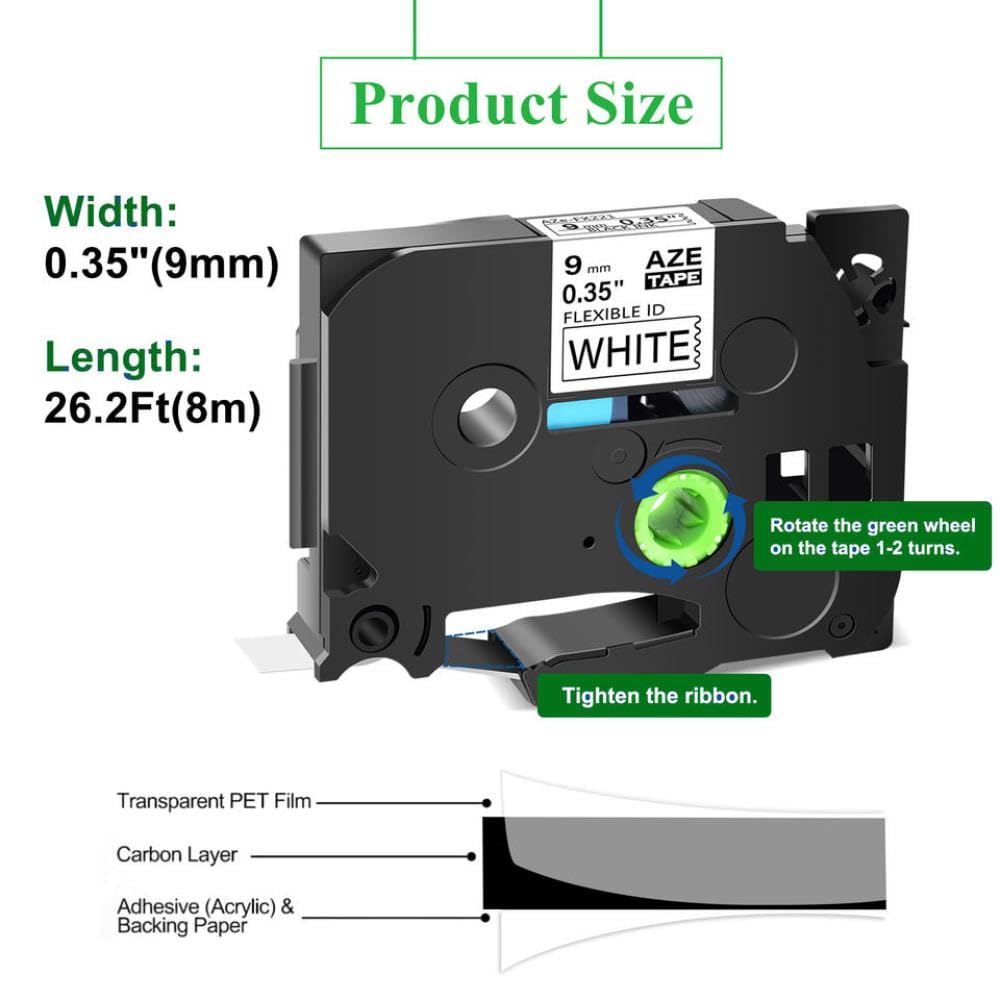 Confezione da 10 nastri per etichette laminati flessibili da 9 mm AZE FX221 TZe FX221 nero su bianco compatibile con stampante per etichette PT 1100