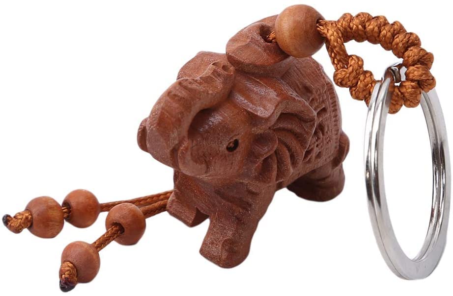 Porte-clés éléphant en bois sculpté vintage avec pompon - Taille M, conforme à l'image., M
