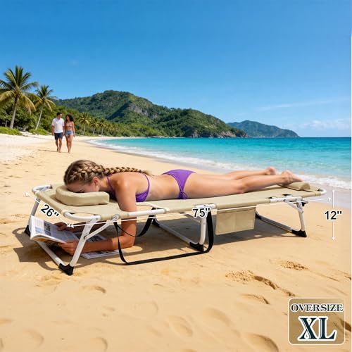 Image of ABORON Patio Lounge Chair, Sun Tanning Bed, Folding Heavy Duty Chaise with 500LB Load Capacity, Adjustable Portable Chair for Home, Garden, Beach, Office, Camping & Sunbathing