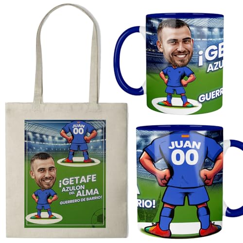 Kembilove® Taza personalizada fútbol Getafe con caricatura | Regalo original para hombre fan del Getafe CF | Incluye bolsa personalizada a juego | Nombre y dorsal personalizable