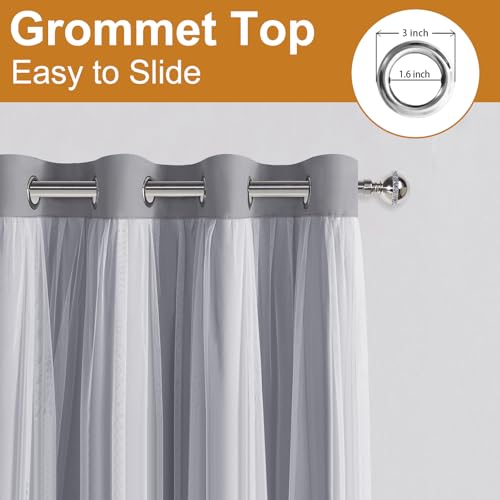 Image of DWCN Grey Blackout Curtains with Sheer Overlay with Tiebacks 96 Inch Long | Floor to Ceiling Mix & Match Double Layer Window Panels for Bedroom Living Room Drape, Grommet Top, 52 inch Wx96 inch L, Set of 2