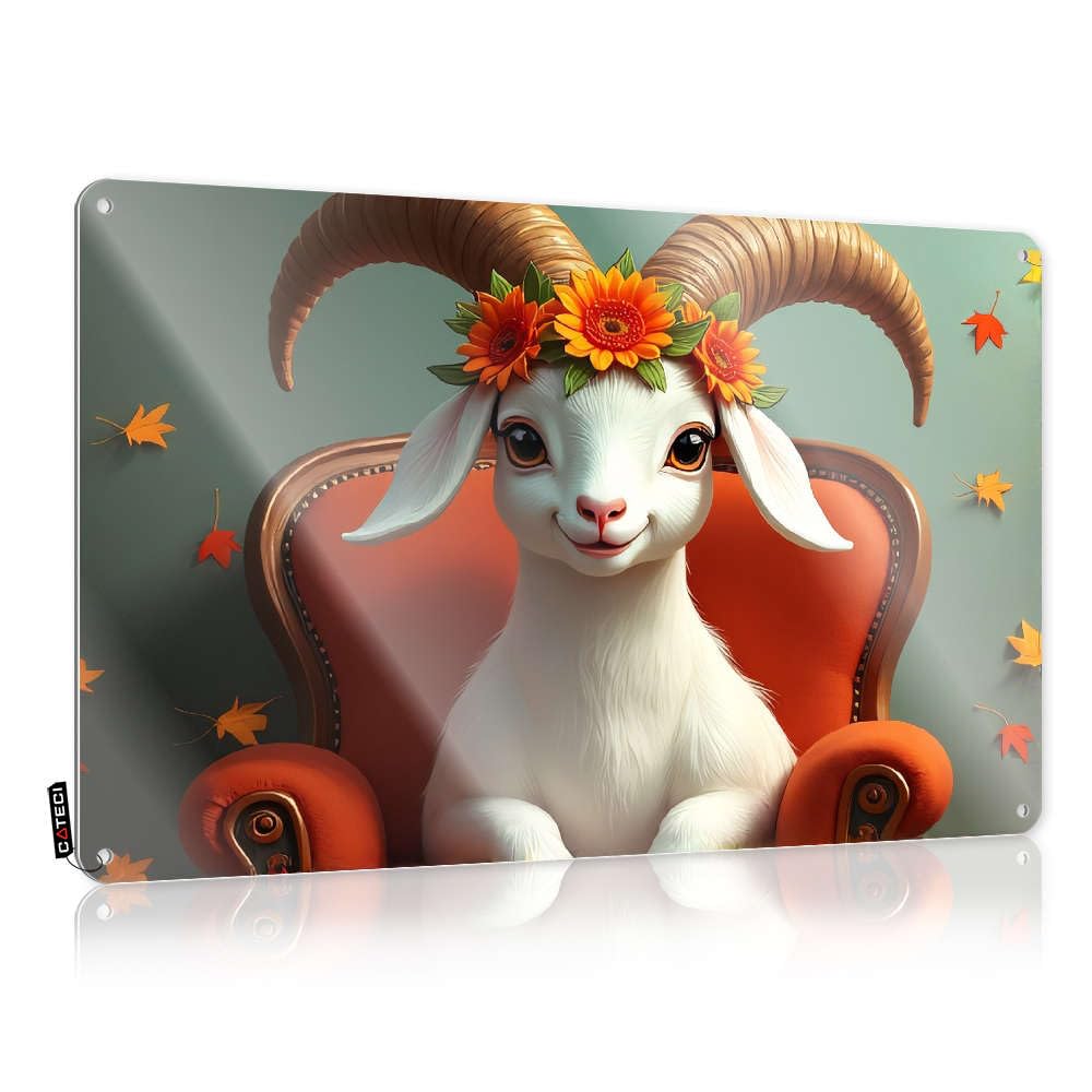 A Goat With Flowers On Its Head Sits In An Orange Chair. Plaques Tinsign | Pretty Gift For Gamer Decorative Wall Art(30X40CM)
