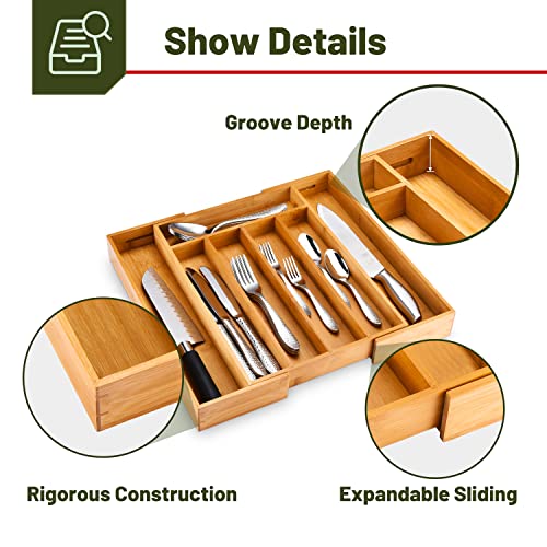 Greenual Silverware Organizer 15 In Utensil Organizer Silverware Tray for Drawer Expandable Cutlery Flatware Organizer for Kitchen Bamboo Wood - Thumbnail 6