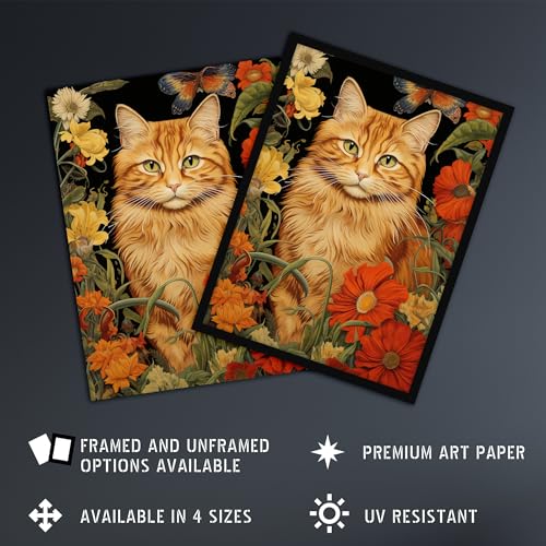 Artery8 Ginger Tabby Cat Floral Painting Orange Red Spring Flower Blooms Detailed Retro Style Low-Key Animal Portrait Art Print Framed Poster Wall Decor 12x16 inch - Image 2