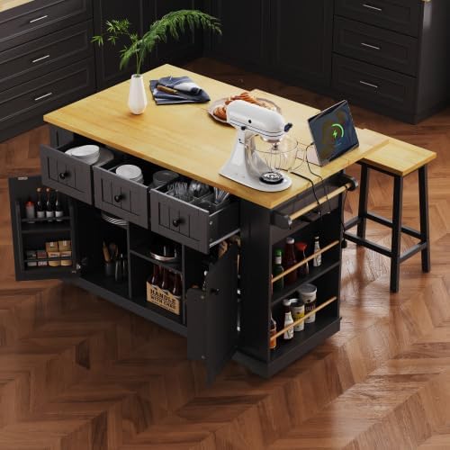 K&K 53inch Large Kitchen Island with 2 Bar Stools, Power Outlet,Door Internal Storage Rack, Kitchen Storage Cart on 5 Wheels with Drop Leaf, 5 Open Side Racks, 3 Drawers, for Kitchen,Dining Room,Black
