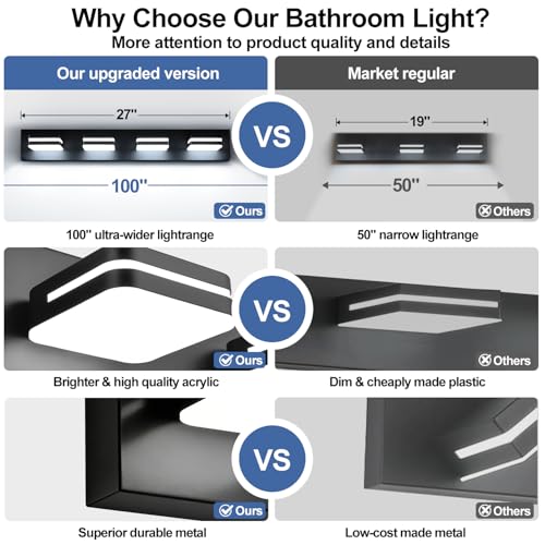 Image of Torondo 360 Rotate LED Bathroom Vanity Light Fixtures, Acrylic Vanity Lights for Bathroom, Modern Wall Lighting Fixtures Over Mirror Living, Matte Black, Natural White, 4-Light, 27-Inch