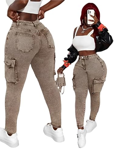 Women’s High-Waist Skinny Stretch Denim Cargo Pants – Khaki and
