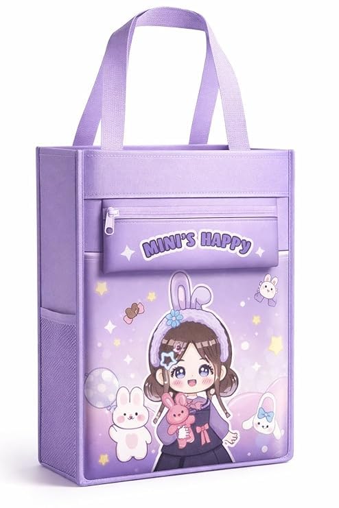 cute cartoon kids tote bag with zipper pocket – large capacity book storage bag, waterproof lunch & study organizer, kawaii bunny strawberry design shoulder bag for girls school & travel
