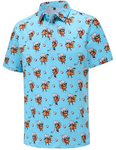 Mens Golf Polo Shirts Funny Golf Shirts for Men Performance Moisture Wicking Quick Dry Athletic Short Sleeve Shirts Beer Golf Blue