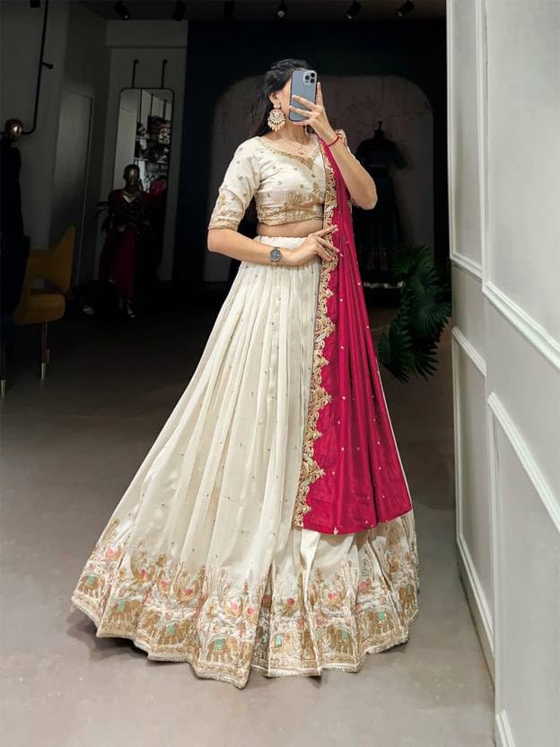 Image of Suppar Sleave Women's Embroidered Vichitra Silk Lehenga Choli Dupatta Set Semi-Stitched Blouse and Fit & Flare Style