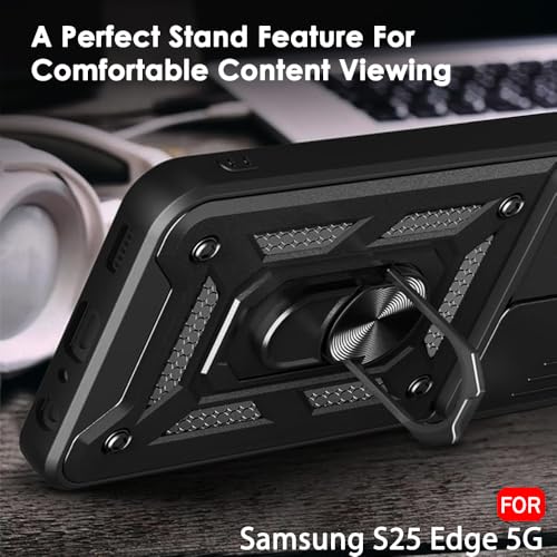 Image of TheGiftKart Tough Armor Bumper Back Cover Case for Samsung Galaxy S25 Edge 5G | Sliding Camera Cover, Kickstand & Ring Holder | 360 Protection Back Cover Case for Samsung S25 Edge (PC & TPU, Black)