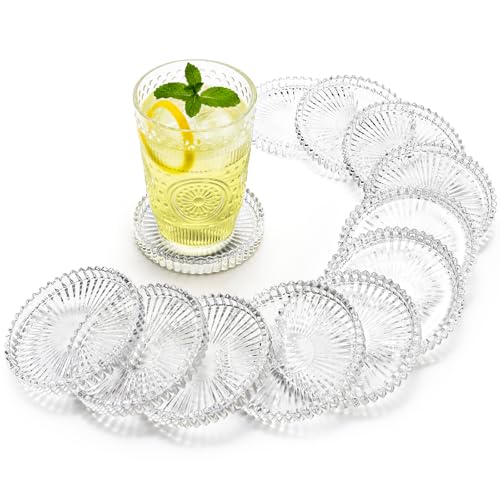 Elsjoy 12 Pack 4 Inch Modern Clear Coaster Set Round Pillar Candle Holder Plates Clear Crystal Glass Coaster for Drinks Bar Dining Table