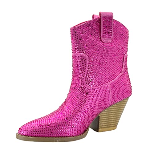 Image of ABSOLEX Women Western Cowgirl Cowboy Pointed Toe Rhinestone Ankle Booties